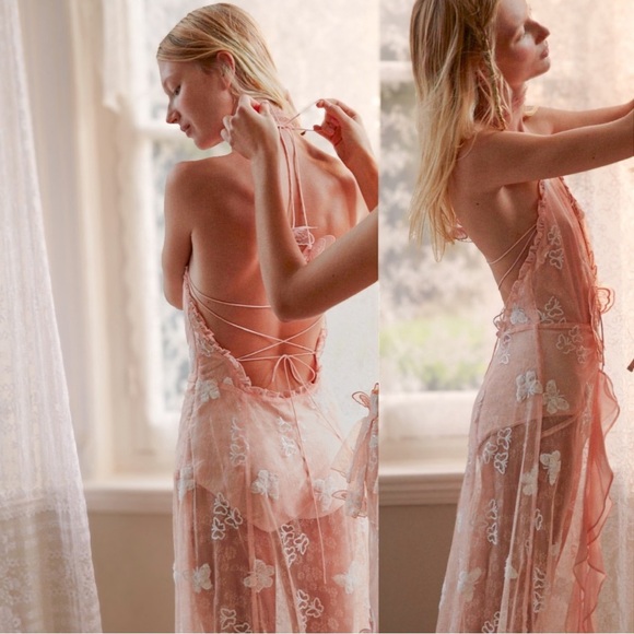 For Love & Lemons Beckett Lace Sheer Butterfly Sequin Bodysuit Maxi Dress Pink - Picture 2 of 16